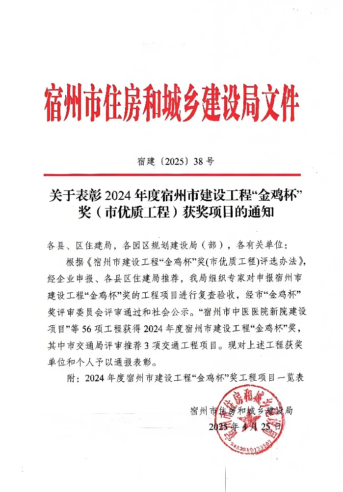 公司監(jiān)理項目斬獲宿州市“金雞杯”獎，劉斌同志榮獲“優(yōu)秀總監(jiān)理工程師”榮譽
